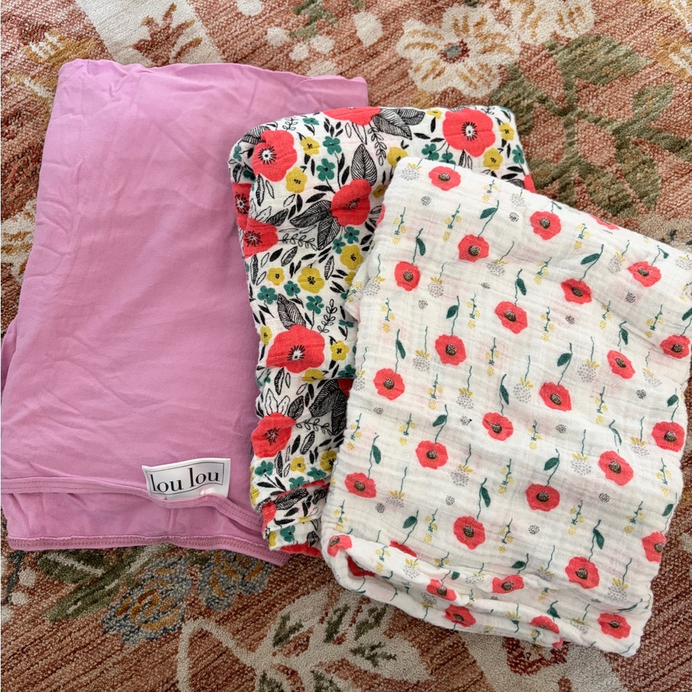 lou lou & company lilac Swaddle + Two Floral Muslin Blankets